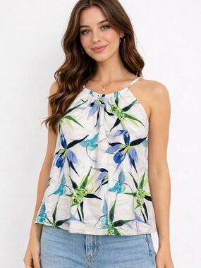 INC Floral Halter Tank Top - White/Blue/Green Sz Pet to Pet